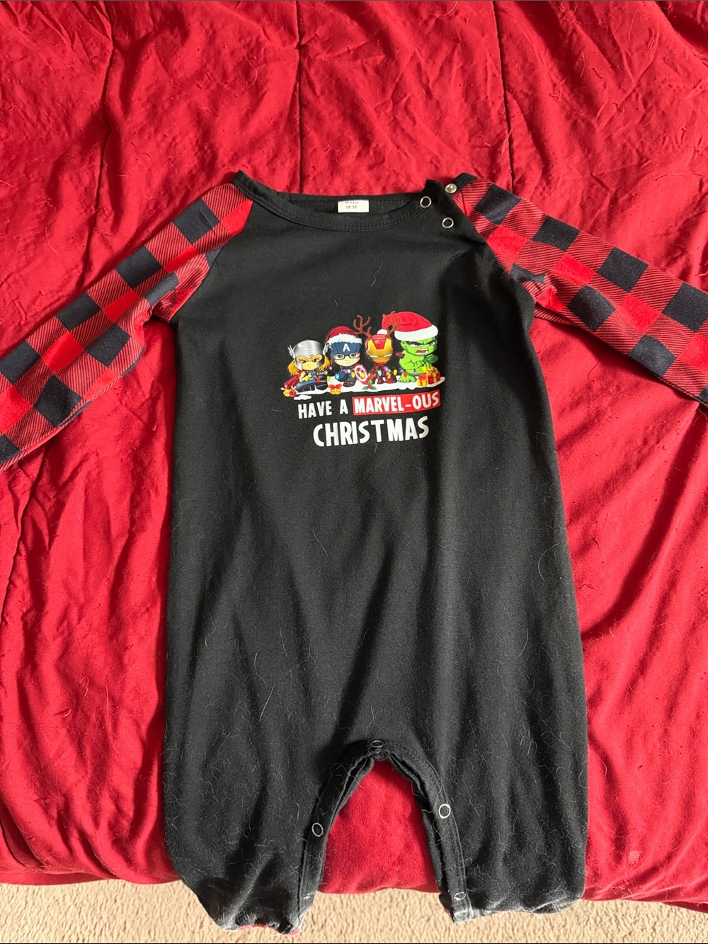 Marvel Black One-Piece with Red Buffalo Plaid Sleeves
